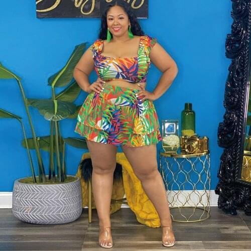 ZJFZML ZZ Women Clothing Two Piece Set Plus Size Leaves Print Sleeveless Tank Top+ruffle Pleated Skirts Dropshipping Wholesale