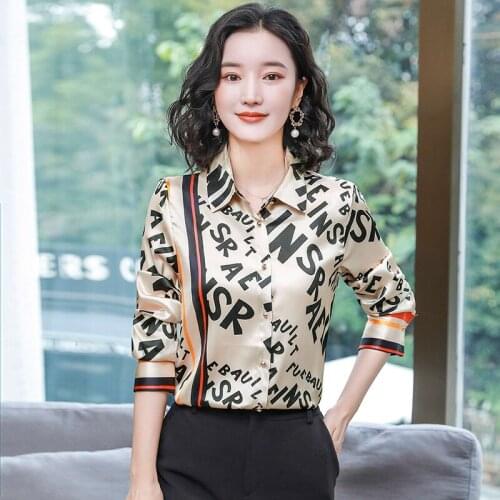 Dropshipping Spring Summer Fall Vintage Letters Print Collar Long Sleeve Women Ladies Party Casual OL Work Top Shirt Blouse