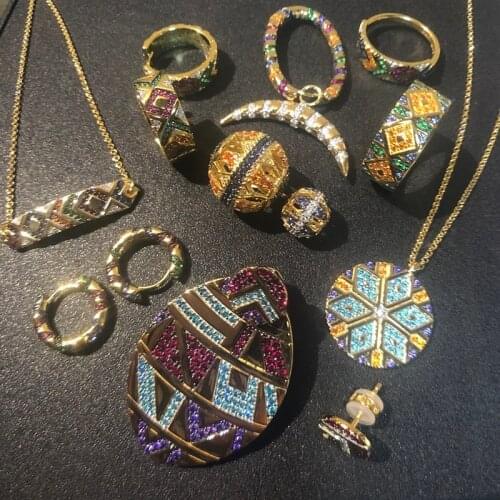 2020 New s925 Sterling Silver Colorful Tribal Geometric Crescent Bracelet Earring Women Brand Jewelry