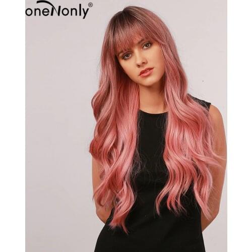 OneNonly Long Body Wave Ombre Pink Synthetic Wigs with Neat Bangs Dark Roots for Women Cosplay Natural Hair Heat Resistant