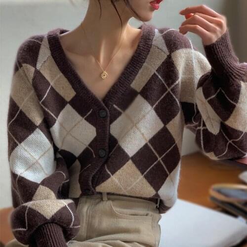 Spring Autumn Fashion Diamond Plaid Knitted Cardigan For Women Jacket Coat Causal Vintage French Niche V-Neck All-Match Sweater