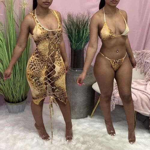 2021 European and American Womens Fashion Printed Bikini Sexy Strappy Three Piece Dress Swimsuit