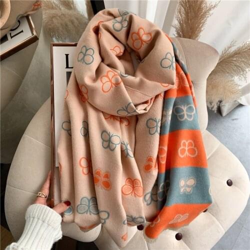 Winter Women Scarf Cashmere Shawl Pashmina Butterfly Print Doubel Side Warm Blanket Stoles Bufanda Echarpe 2021 New