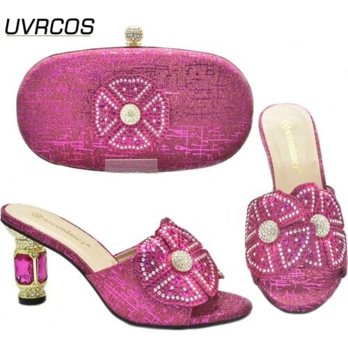 2021 Newest Fuchsia Color Italian Design Nigerian Noble Ladies Shoes and Bag Set Decorated With Rhinestone Mixing for Party