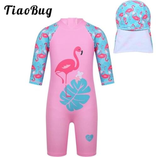 TiaoBug Kids Girls One-piece Zippered Fish/Flamingo Printed Swimsuit Swimwear Child Beach Bathing Suit Rash Guard with Swim Cap