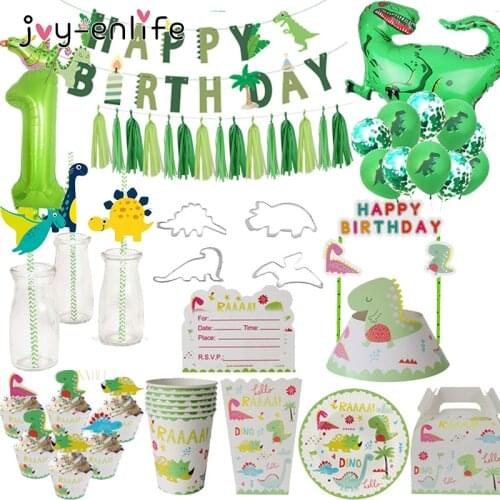 Dino Party Foil Balloons Dinosaur Pull Flag Paper Plate Cup Straw for Kids Birthday Party Baby Shower Decoration Children Party