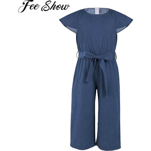 Summer Kids Girls Denim Romper Jumpsuit Playsuit Flying Sleeve Casual Girls Clothes Long Pants Outfits 4 6 8 10 12 14 16 Year