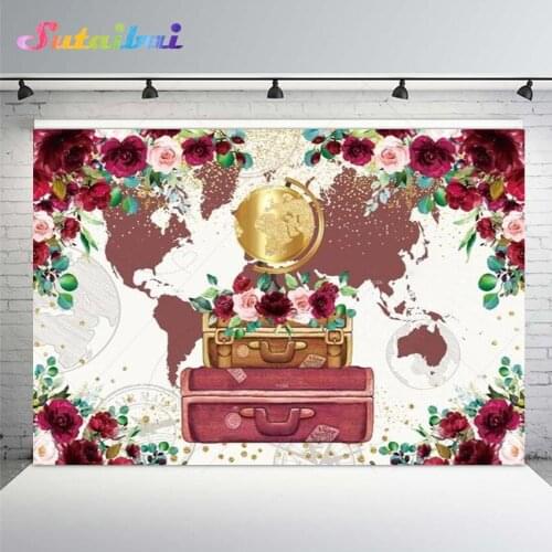 Spring World Travel Theme Party Backdrop Vintage Map Red Flowers Globe Suitcase Gold Dots Decorations Wedding Photo Background