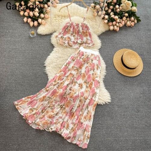 Gagaok Bohemian Two Piece Set Women 2021 Summer New Fashion Sweet Elegant Sexy Outfits Slash Neck Short Camis + Midi Dresses