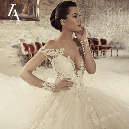 Glamorous Beaded Lace Wedding Dress Sweetheart Long Sleeve Embroidery Ball Gown Princess LelaAcra JK16 Bride Vestido De Noiva