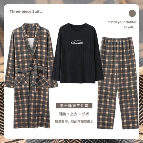 Spring Autumn 3 Piece Knitted Cotton Bathrobe Mens Kimono Bath Robes Plaid Dressing Gown Sleepwear Robe Sets Homewear Fashion
