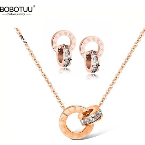 BOBOTUU Mosaic CZ Crystal Double Circle Pendant Necklace & Stud Earrings Stainless Steel Wedding Jewelry Sets For Women BSE002