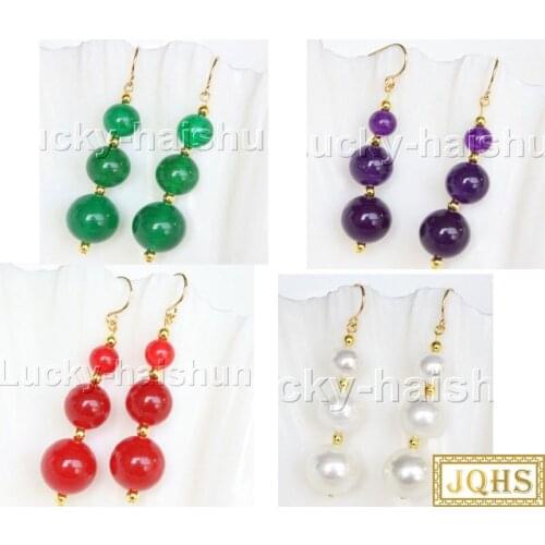 JQHS AAA Natural Dangle 1.5" 8 10 12mm Round Green Purple Red Jade White South Sea Shell Pearls Earring Hook J12539-2