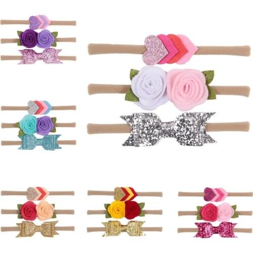 Yundfly 3pcs/lot Sequin Bow Leaf Flowers Heart Headband Set Elastic Baby Girls Head Accessories Party Headwear Photo Shoot