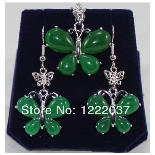 Pretty Natural green stone silver color butterfly pendant Necklace earrings set