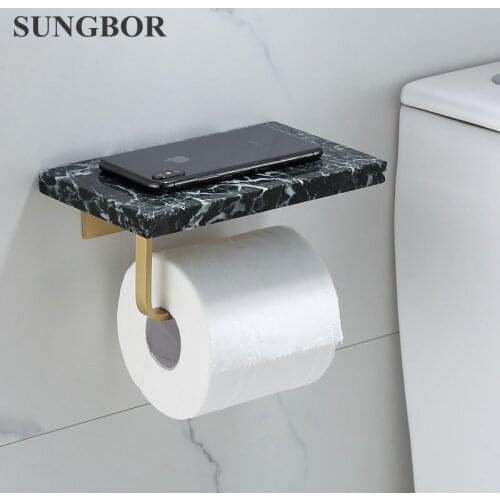 Brass marble toilet paper holder Nordic brushed gold roll paper holder bathroom gold mobile phone shelf light luxury tissue hold