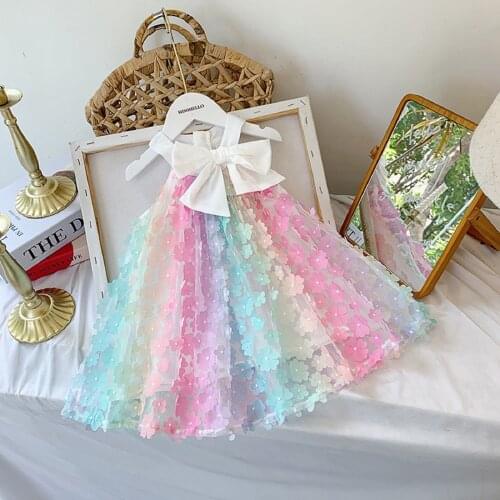 Toddler Baby Girl Sweet Sleeveless Applique Dress Cute Bow Front 3D Flower Rainbow A Line Dress