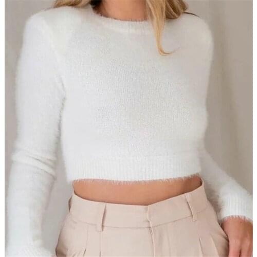 Mohair Knitted Skinny Pullover Sweater Women Autumn Winter Long Sleeve O Neck Slim Pull Femme Korean Fashion Crop Top Jumpers