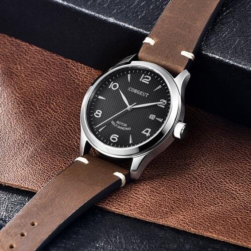 Corgeut Mens Automatic Mechanical 42mm Watch Luxury Brand Sports Design Sapphire Citizen Movement Leather Strap Luminous Watch