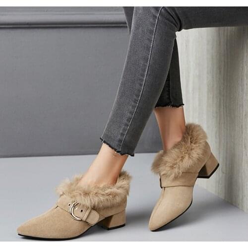 Rabbit Plush Princess cotton shoes women autumn and winter new tip snow boots warm thick heel wool shoes women