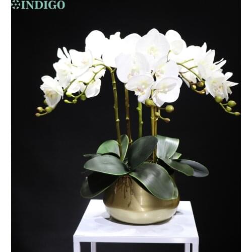 White Moth Orchid DIY Flower Arrangment (5pcs Orchid+3pcs Leaves+ Pot) Butterfly Flower Office Decoration Centerpiece INDIGO