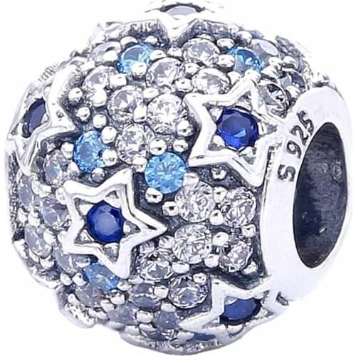 Original Pave Elevated Stars With Crystal Beads Fit 925 Sterling Silver Bead Charm Bracelet Bangle DIY Jewelry