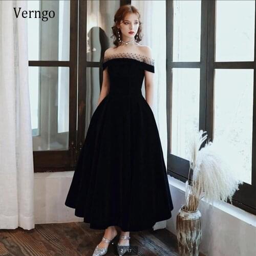 Verngo Simple Black Velour Evening Party Dresses Off Shoulder Bateau Prom Dresses Lace Up Back Ankle Length Formal Gown 2021