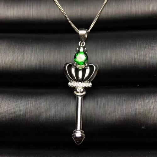 Natural green diopside pendant S925 silver Natural Gemstone Pendant Necklace Elegant key crown women girl party fine jewelry