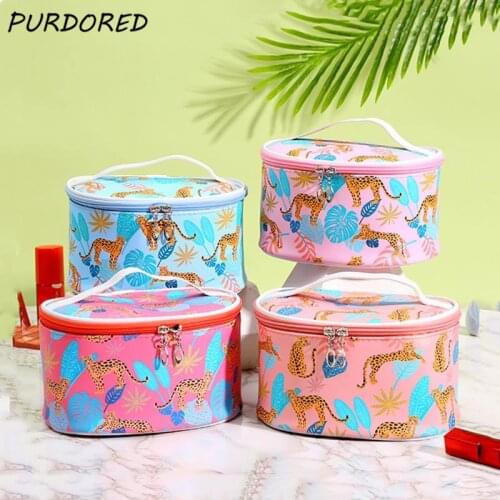 PURDORED 1 Pc Cartoon Leopard Cosmetic Bag PU Leather Large Women Makeup Bag Waterproof Travel Makeup Organizer Toiletry Bag
