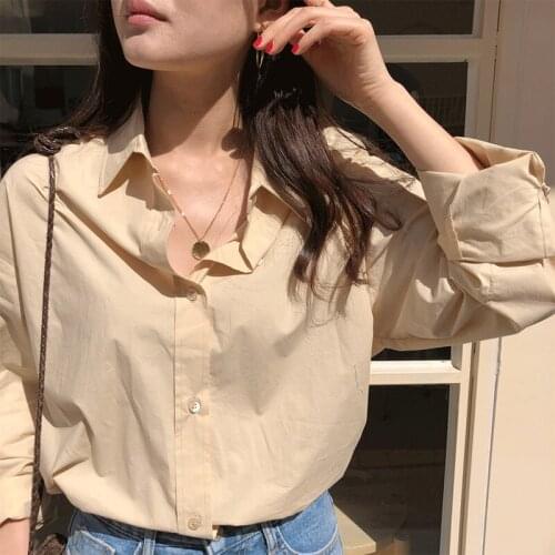 2021 early spring French retro neutral style simple basic single-breasted long-sleeved lapel shirt top female classic style