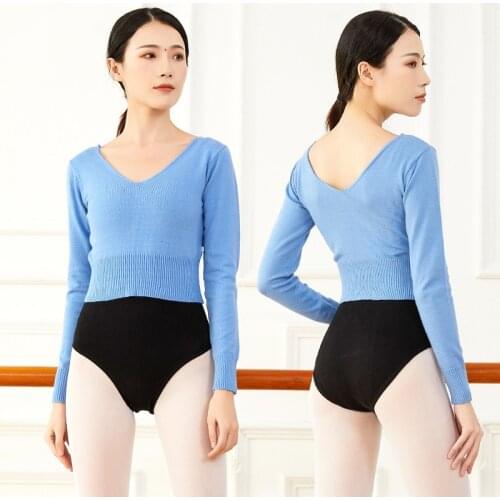 Dance Sweater Women Warm ups Dance Clothes Winter Ballerina Long Sleeve Sweater Knit V Neck Dance Crop Tops Ballet Short Sweater