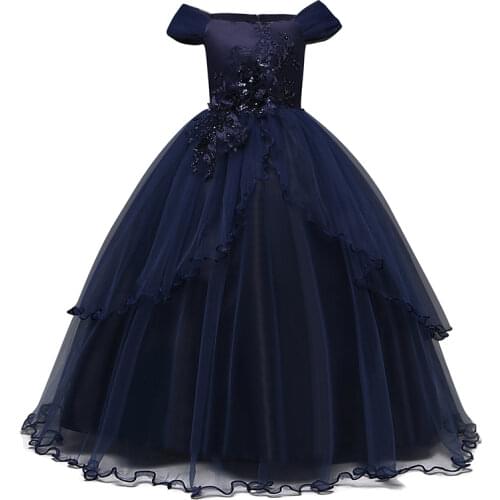Navy Blue Girls Dress Formal Evening Childrens Costume Teenager Prom Gown Communion Long Tulle Mesh Dresses For Girls Frocks
