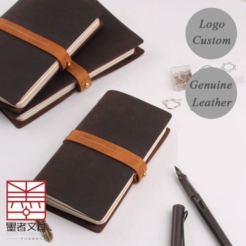 Logo name engrave vintage sketchbook travelers genuine leather loose leaf notebook stationery writing pads notepad diary planner