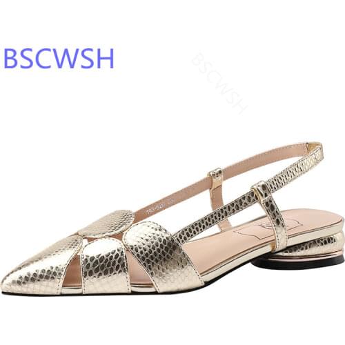 Womens Sandals 2021 Summer Ladies Thick Heel Low Heel Pointed Hollow Out Shoes Gold Silver Bling Comfortable Breathable Shoes