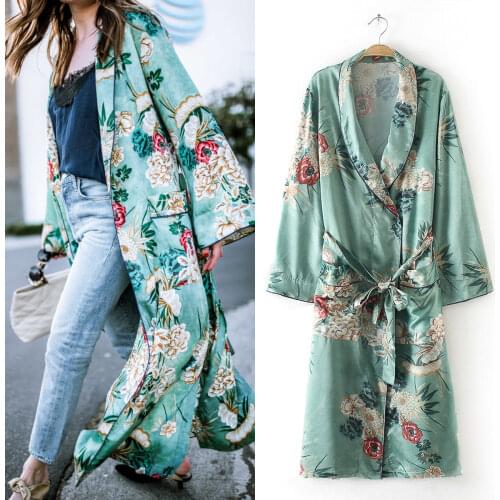 2019 Stylish Women VIntage Loose Kimono Long Cardigan Tops Boho Coat Jacket Blouses Green Floral Printed Long Cardigans Clothes