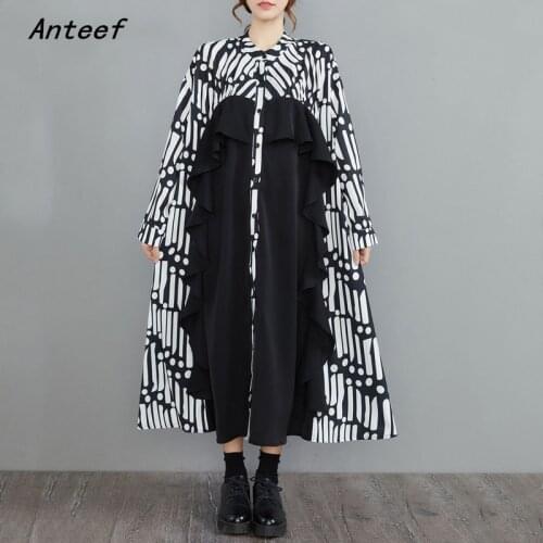 Anteef long sleeve plus size vintage ruffle dresses for women casual loose spring autumn shirt dress elegant clothing 2021