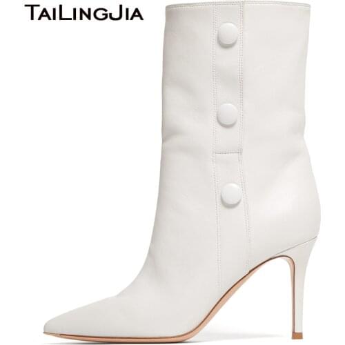 Woman Shoes Mid Calf Boots Women Large Size Elegant Pointed Toe Ladies Autumn Winter 2018 Heels High Heel Short White Booties