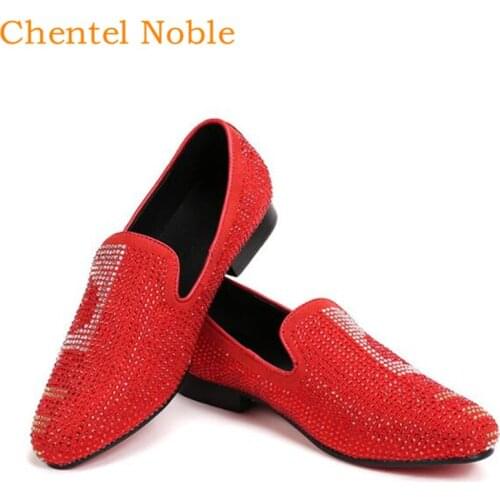 Chentel Noble Manual Bling Full Crystal Suede Fashion Mens Dress Shoes Flats Bottom Handsome Casual Mens Shoes Black Red Color