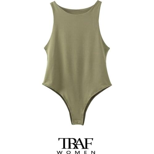 TRAF Za Women Sexy Fashion Stretchy Slim Solid Bodysuits Vintage O Neck Sleeveless Female Playsuits Chic Tops