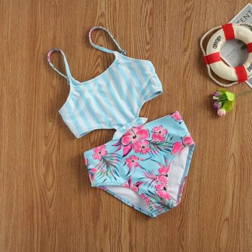 Toddler Infant Baby Girls Swimwear Stripe Floral Swimsuit Swimming Beach Bathing Bikini Cute Summer One-piece Swimming