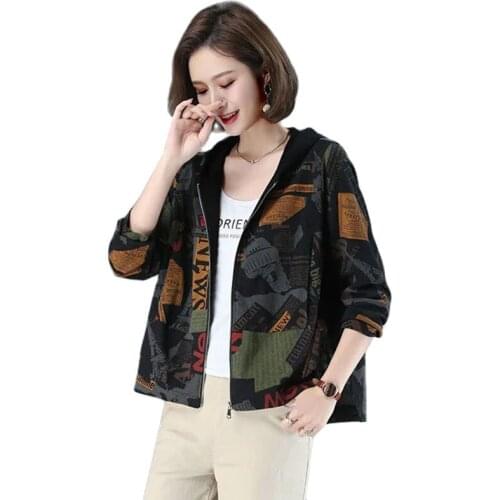 2021New Autumn Women Jacket Hooded Causal Windbreaker Female Loose Print Short Basic Coat Zipper Jackets Outwear Plus Size 5XL