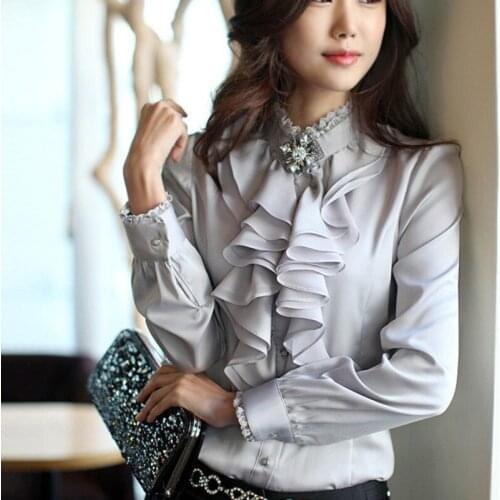 LIBERJOG Women Tiered Ruffle Occupation Shirts Bubble Sleeve Female Long Sleeve Chiffon Blousers Stand Collar Spring Autumn