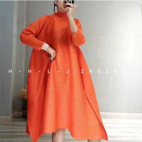 HOT SELLING Miyake fashion solid fold turtleneck collar long sleeve big A-Line dresses IN STOCK