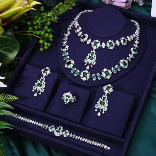 Missvikki Gorgeous Luxury 4PCS Big Green Necklace Bangle Earrings Ring Jewelry Set for Women Bridal Wedding Party Jewelry 2021