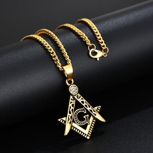 Mens Gold Masonic Symbol Pendant Necklace Stainless Steel Fashion Punk Retro Freemason Pendant With 20-27" Cuban Chain