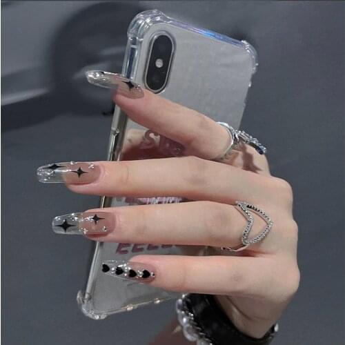 24PCS False Nails with Glue Rhinestones Long Detachable Pearl Stick on Nails Coffin Flame Press on Nails Art DIY Manicure Tool