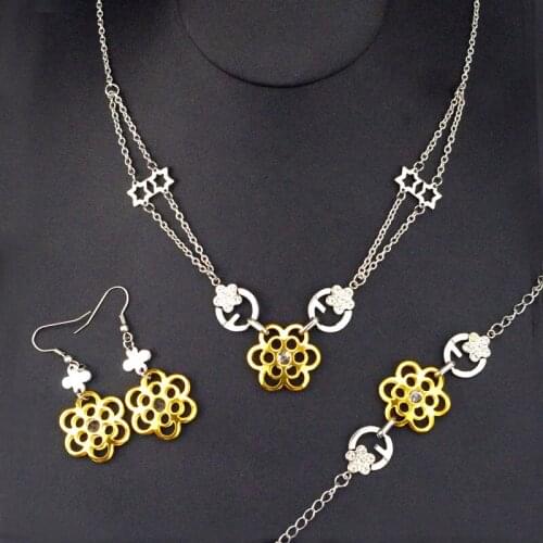 Newest Silver Color Gold Flower Pendant Necklace Drop Earrings Charm Bracelet For Women Jewelry Sets HZG040