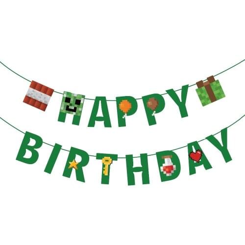Pixels Game Theme Happy Birthday Banners Kids Birthday Party Decorations Sandbox Hanging Bunting Party Supplies