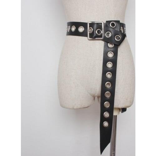 Belt for women Fashion Knot long belt black Hollow Rivet knotted soft PU leather strap belt silver pin square buckle waistbands
