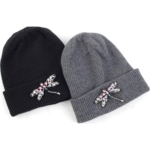 Charm Wood Adult Cashmere Beanie Hat With Dragonfly Accessories Autumn Winter Warm Cuff Hat Adult Beanies Skull Cap